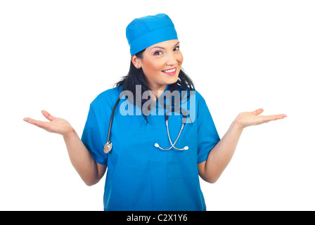 Expressive surgeon woman questioning and smiling isolated on white background Stock Photo