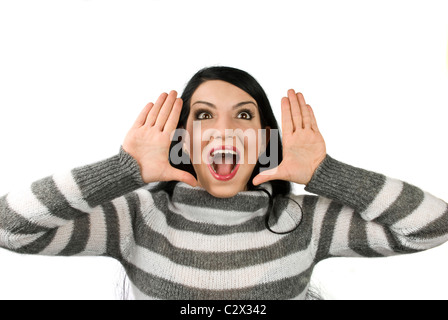 Surprised woman with open mouth and with hands up like she exclaim"wow" isolated on white background Stock Photo