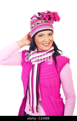 Beautiful smiling woman wearing pink crocheted hat ,pullover and neckcloth isolated on white background Stock Photo