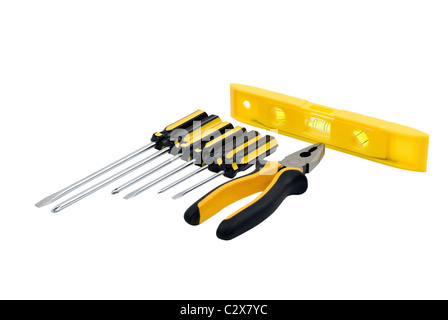 Set of screwdriver,pliers and level isolated on white background Stock Photo