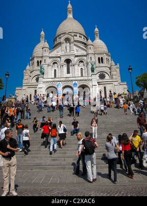 Paris, France, Tourists Large Crowd of People Walking on Stairs outside Sacre Coeur Basilica, in Montmartre District, Sunny Day, street walking steep Stock Photo