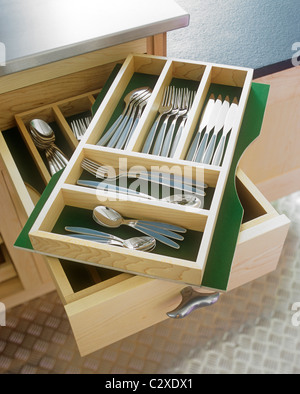 modern kitchen, showing an open cutlery drawer Stock Photo