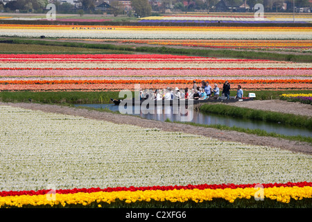 Visitors take a trip through the flowering tulip fields by electric powered boat at Keukenhof Flower Garden in Lisse, Holland. Stock Photo