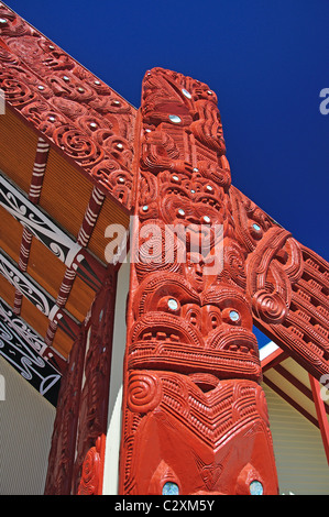 Carvings on The Meeting House (Wharenui), Whakarewarewa Living Thermal Village, Rotorua, Bay of Plenty Region, North Island, New Zealand Stock Photo