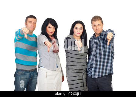 Sad group of people in a row giving thumbs down isolated on white background Stock Photo