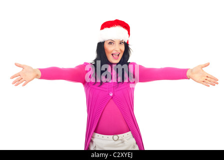 Cheerful Santa helper welcoming isolated on white background Stock Photo