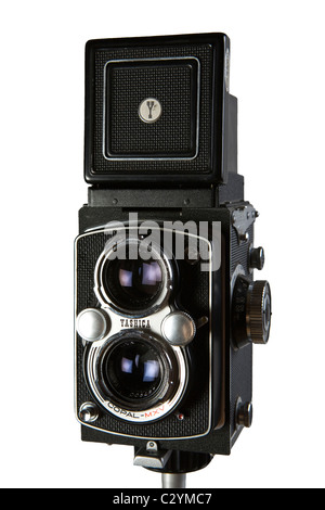 old film reflex 6x6 medium format twin lens photocamera Yashica, photographic camera on white background Stock Photo