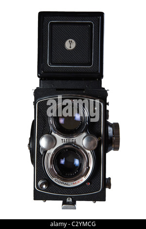 old film reflex 6x6 medium format twin lens photocamera Yashica, photographic camera on white background Stock Photo