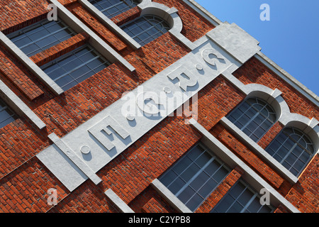Detail from facade of the Electricity Museum (Museu da Electricidade) in Belem, Lisbon, Portugal. Stock Photo