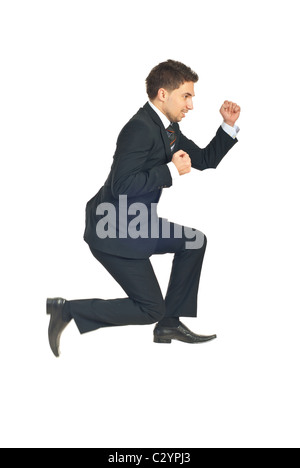Jumping successful business man isolated on white background Stock Photo
