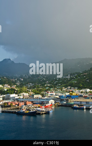 St. Vincent Kingstown harbour wharf rain shower in mountains, St Vincent and Grenadines Stock Photo