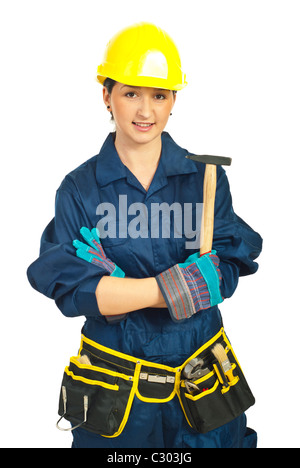 Smiling constructor worker woman holding hammer isolated on white background Stock Photo