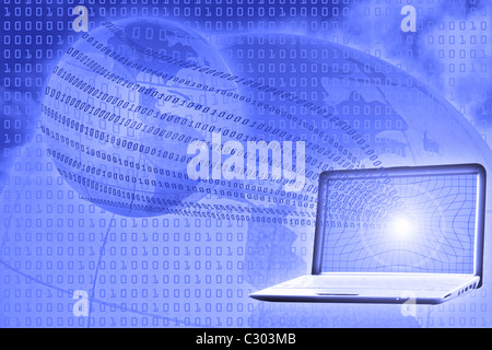 digital world concept: binary code floating from laptop to globe Stock Photo