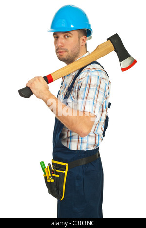 Serious worker man holding axe isolated on white background Stock Photo