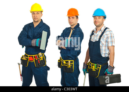 Constructor workers men team standing in a row isolated on white background Stock Photo