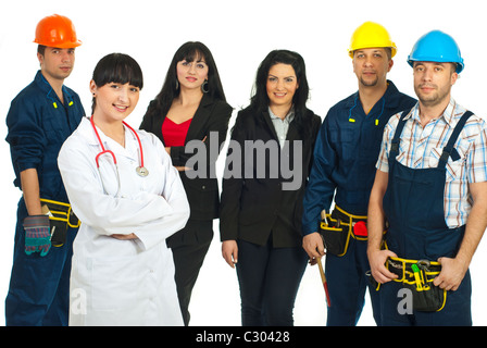 Doctor woman standing with hands crossed in front of workers with different careers isolated on white background Stock Photo