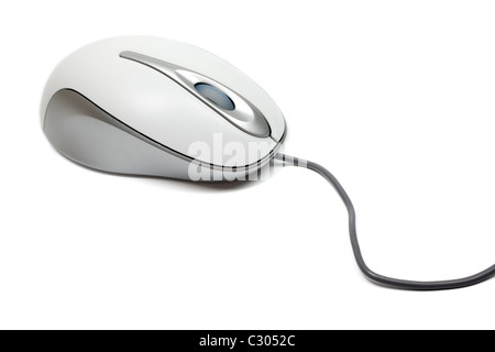 Computer mouse device equipment with wired cable connection isolated on white background. Optical peripheral hardware, scroll whell, click buttons. Stock Photo