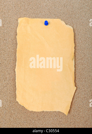 A piece of empty torn paper attached with blue pin to cork message board. Good as backdrop or background. Stock Photo