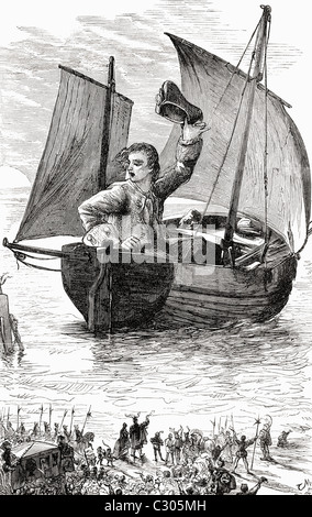 I set sail at six in the morning. Gulliver leaving Lilliput. Illustration from Gullivers Travels published c.1875 Stock Photo