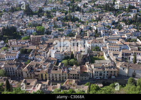 Aerial landscape of old Arab Albaicin quarter and surrounding barrios of Moorish city of Granada. Stock Photo