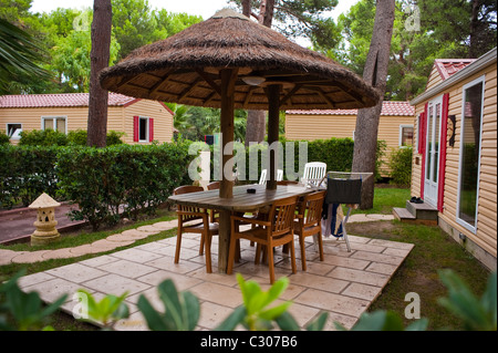 Canet-en-Roussillon, France, 'Camping in France', 'Le Brasilia' Cottage near Beach, 'Okavango Village' terrace, modern garden furniture Stock Photo