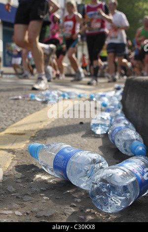 Discarded plastic water bottles on route of London Marathon Stock Photo