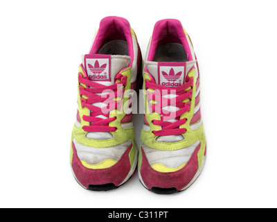 Pair Of Adidas Ontario Trainers Pink And Yellow Stock Photo