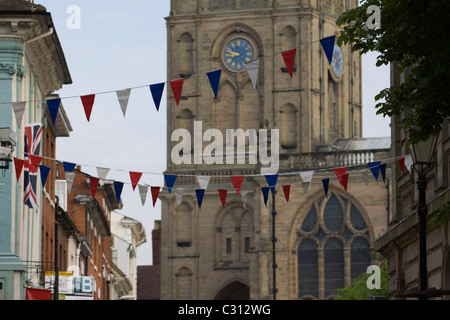 Bunting Hanging in the Streets of Warwick commemorating Saint Georges day and the Royal wedding Stock Photo