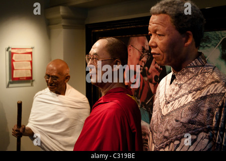 Mahatma Gandhi, Dalai Lama and Nelson Mandela in wax at the Madame Tussauds Wax Museum Amsterdam Stock Photo