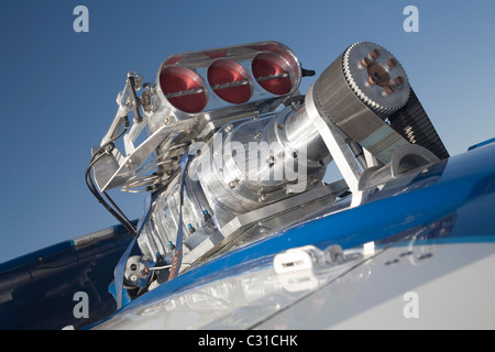 supercharger and injection hat on top of a high power drag racing V8 ...