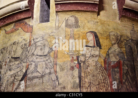 WALL PAINTINGS IN THE GUARDIANS’ ROOM, CHATEAU OF SAINT-GERMAIN DE LIVET, CALVADOS (14), NORMANDY, FRANCE Stock Photo