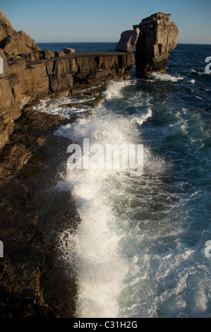 Pulpit Rock in a stormy sea. This massive limestone stack stands just off Portland Bill on the Isle of Portland. Jurassic Coast, Dorset, England, UK. Stock Photo