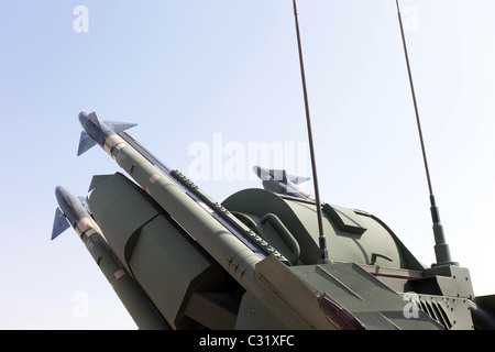 USA launcher army MIM-72 Chaparral surface to air missile.  Missile weapon pointed into air ready to deploy and fire at enemy. Stock Photo