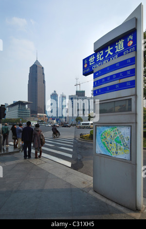 Street signs and maps on Century Avenue in the Pudong district, Shanghai Stock Photo