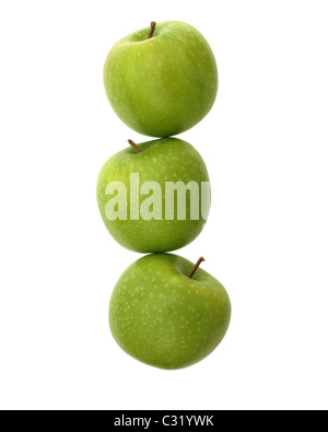 Three green apples as if stacked on top of each other isolated on a white background. Stock Photo