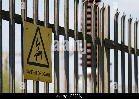 Danger of death sign near electricity power sub station Stock Photo