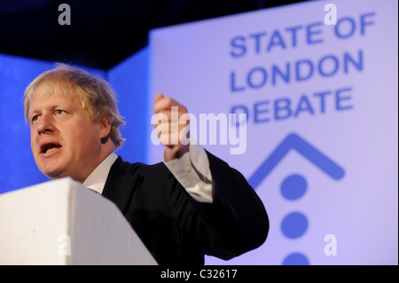 London Mayor Boris Johnson at the State of London Debate, Queen Elizabeth II conference hall. Stock Photo