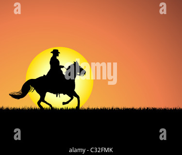 Horse silhouette on sunset background. Vector illustration. Stock Photo