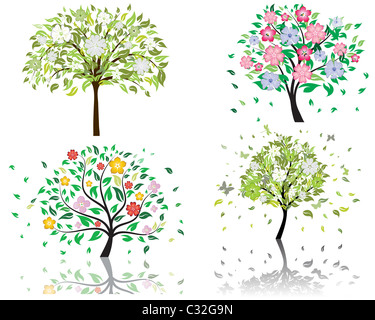 Set of beautiful summer tree with blossom flowers Stock Photo