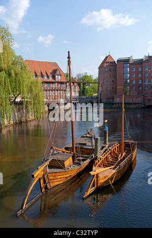 sculler and pram in the old harbour, Lueneburg, Lower Saxony, Germany Stock Photo