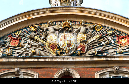 The Tympanum of Worcester Guildhall, situated in the City's High Street Stock Photo