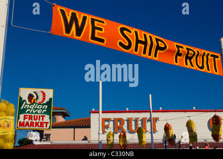 Colorful signs and sacks of famed Indian River grapefruits and oranges attract travelers to a roadside citrus stand near St. Augustine in Florida, USA. Stock Photo
