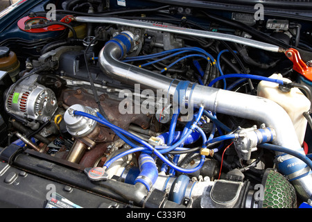 modified engine of a toyota supra at a modified car show in the uk Stock Photo