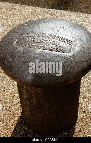 An old dockside mooring capstan bearing the legend 'Society of Merchant Venturers- Bristol' Stock Photo