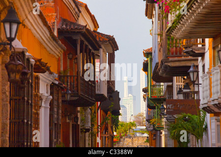 Narrow street in old Cartagena, and new Cartagena, Colombia Stock Photo