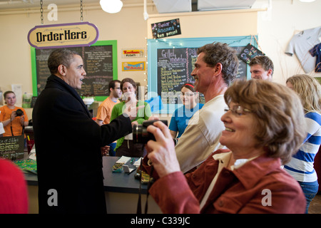 President Barack Obama greets patrons and employees during a stop at Donckers in Marquette, Mich., Feb. 10, 2011. Stock Photo