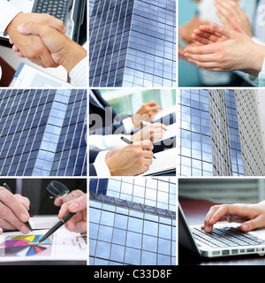 Collage of human hands and office building sides Stock Photo