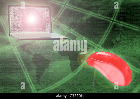 digital world concept: laptop and mouse over world map and circuit Stock Photo