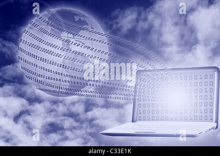 digital concept: binary code floating from laptop to globe Stock Photo
