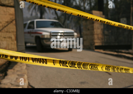 Entrance to the Tea Garden area where the fire reportedly began.  Devastation left after the wildfires in Montecito, Santa Stock Photo